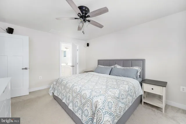 a bedroom with a bed and a ceiling fan
