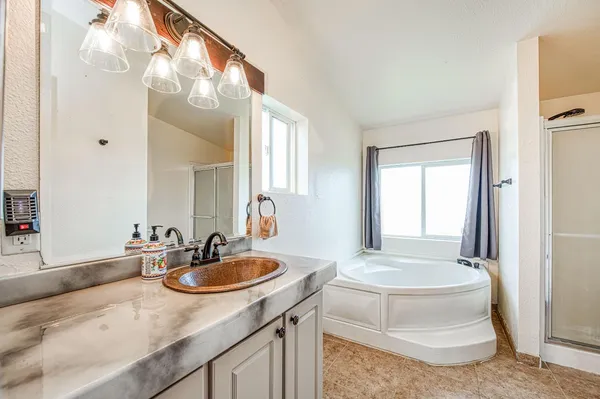 a bathroom with a bathtub and a shower