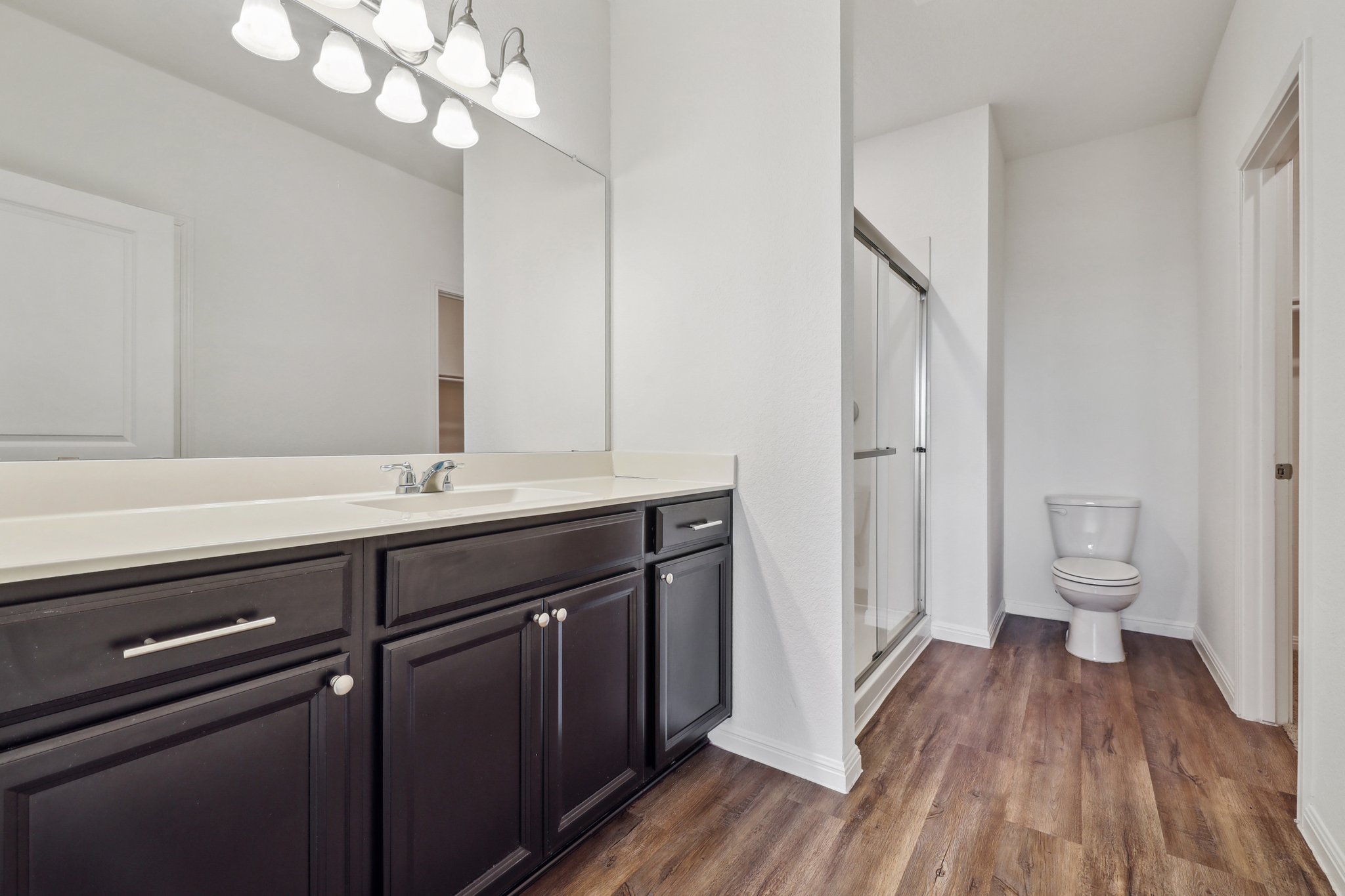 14105 Jeannette Rankin Rd Manor Manor, TX 78653 - Photo 8 of 29 Master Bathroom with a stall shower, vanity, and dark wood-style flooring