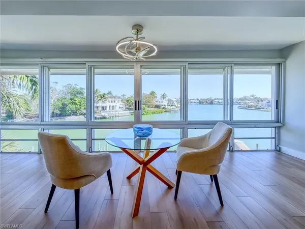 a view of a dining room with furniture window and wooden floor