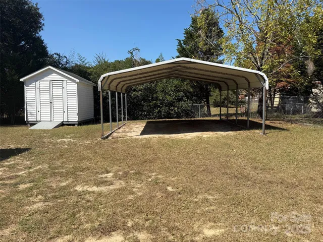 a view of a yard with plants and large trees