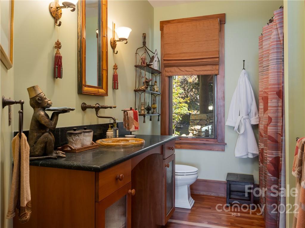 168 Pinkerton Corner Fairview, NC 28730 - Photo 29 of 48 a bathroom with a granite countertop sink toilet and shower