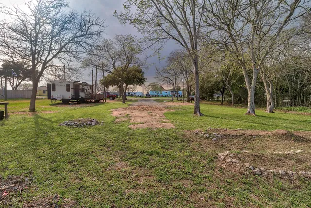 a view of a park with large trees