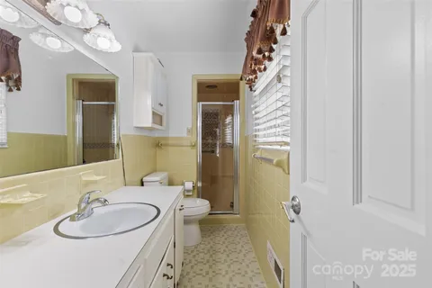 a bathroom with a sink a toilet and a mirror