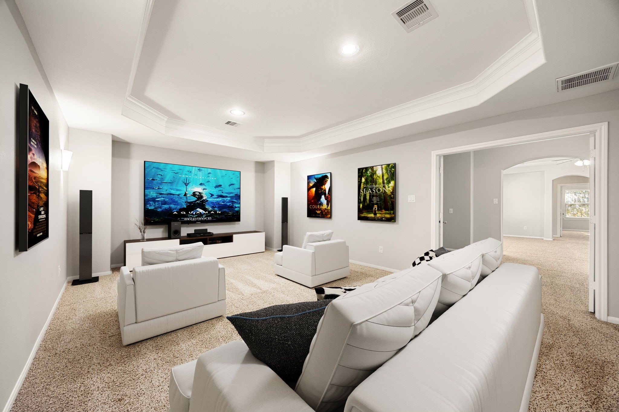 3407 Cardiff Mist Drive Katy, TX 77494 - Photo 18 of 28 Grab the popcorn, put on a movie, and enjoy a wonderful evening in your amazing media room! Featuring plush carpet, custom paint, and custom lighting that makes this the perfect room for relaxing. *Virtually staged