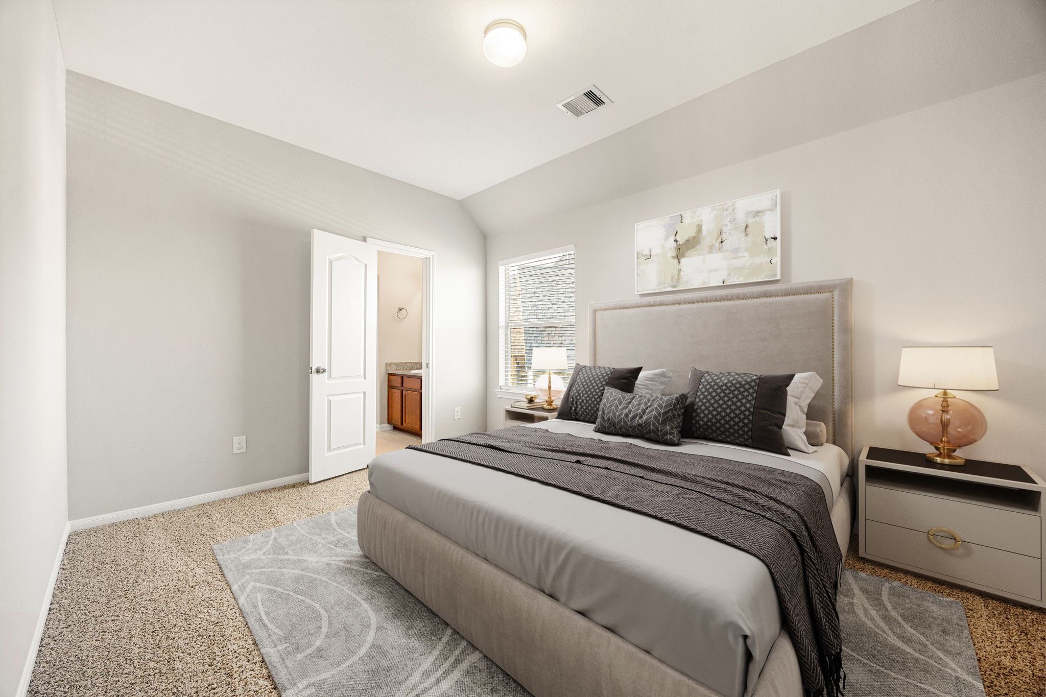 3407 Cardiff Mist Drive Katy, TX 77494 - Photo 19 of 28 This secondary bedroom is great for use as an in-law suite or guest suite. It features high ceilings, large window with blinds, custom paint, plush carpet and direct access to the secondary bathroom. *Virtually staged