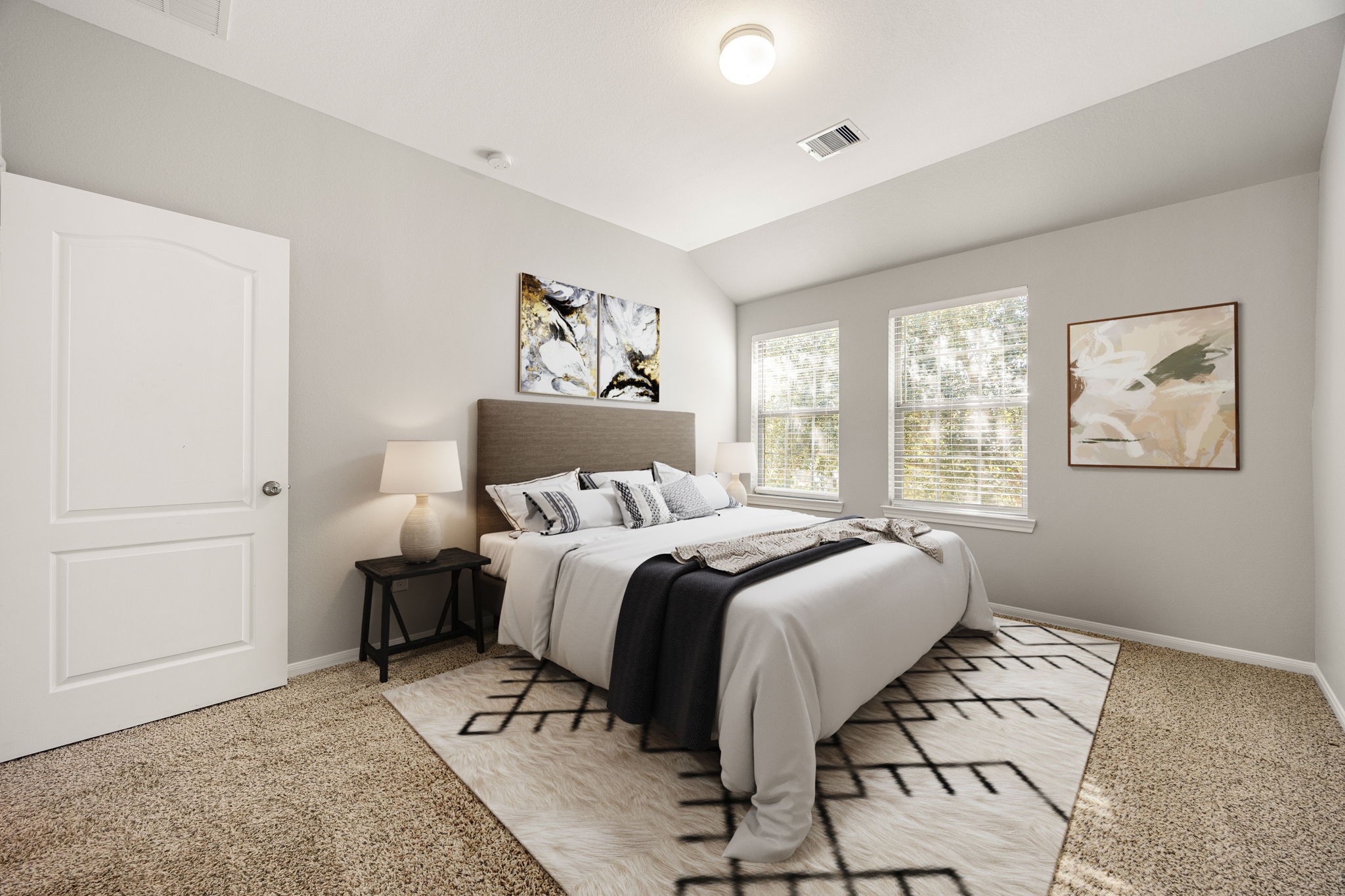 3407 Cardiff Mist Drive Katy, TX 77494 - Photo 23 of 28 Secondary bedroom offers comfort and style with plush carpeting, neutral paint tones, large windows with blinds, and a generously sized closet. *Virtually staged