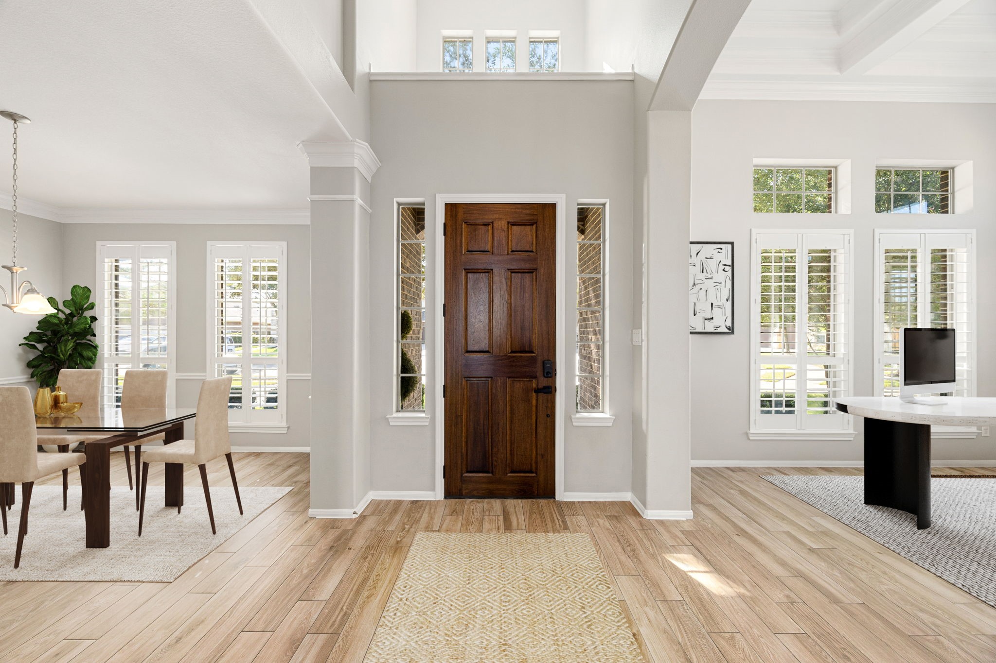 3407 Cardiff Mist Drive Katy, TX 77494 - Photo 28 of 28 Walking into this gorgeous home, you get a feel of just how grand everything is, this space showcases soaring high ceilings, recessed lighting, beautiful crown molding, open spaces and fluid floor plan, custom paint for a cooling feel, and gorgeous wood look tile throughout. This home is absolutely beautiful! *Virtually staged