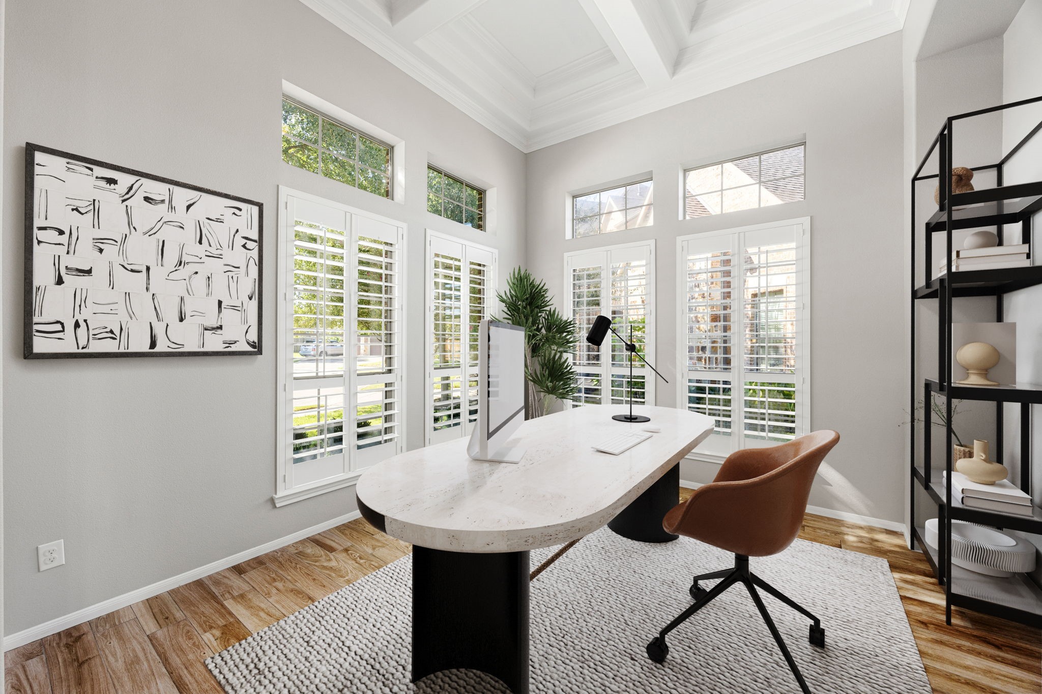 3407 Cardiff Mist Drive Katy, TX 77494 - Photo 5 of 28 Quietly nestled in front of the home is the handsome home office. Featuring wood look tile, high ceilings, large windows with privacy blinds and custom paint. *Virtually staged