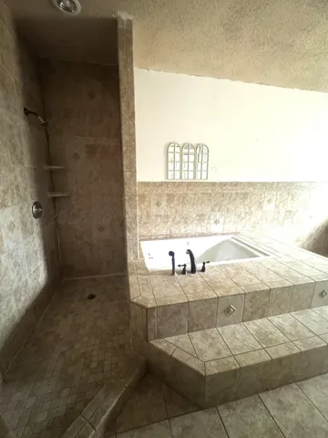 a bathroom with a bathtub and shower