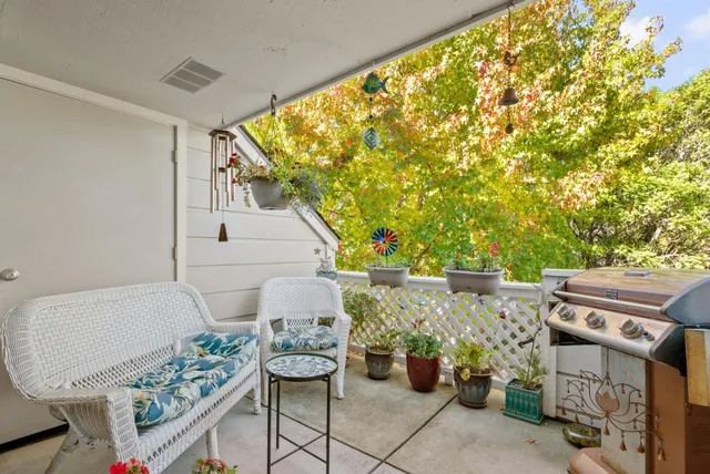 a balcony with furniture and potted plants