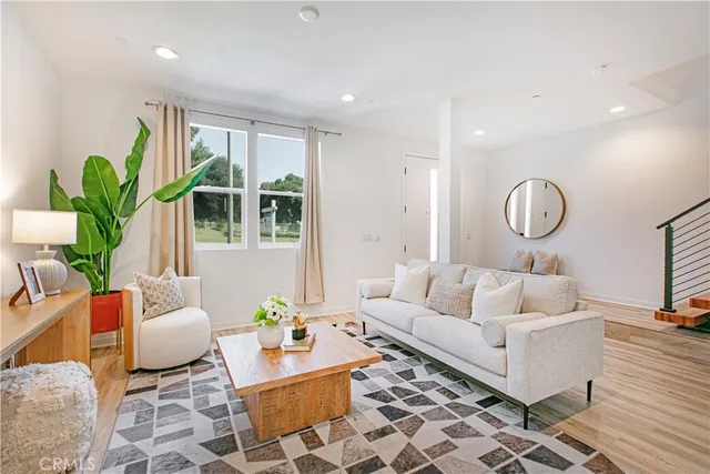 a living room with furniture a rug and a potted plant