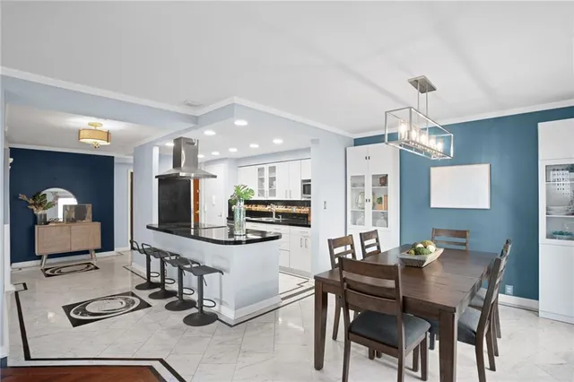 a view of a dining room with furniture