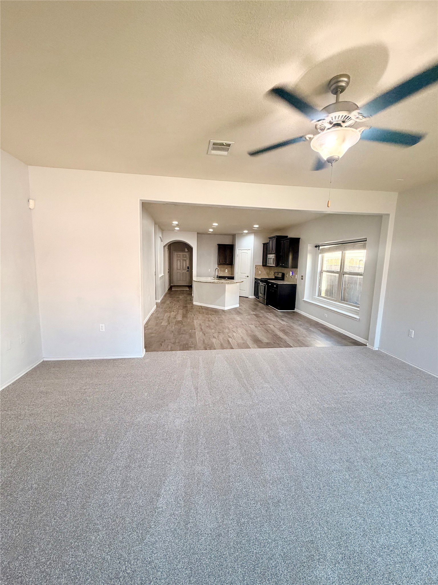 10204 Pinnacle Crest Loop Austin, TX 78747 - Photo 13 of 17 living room featuring light colored carpet, a ceiling fan, arched walkways, and recessed lighting