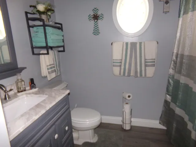 a bathroom with a toilet sink and mirror