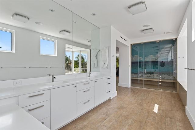 a bathroom with a sink mirror and shower