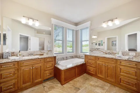 a view of a park with large trees