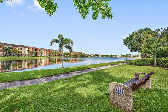 a view of a garden with houses