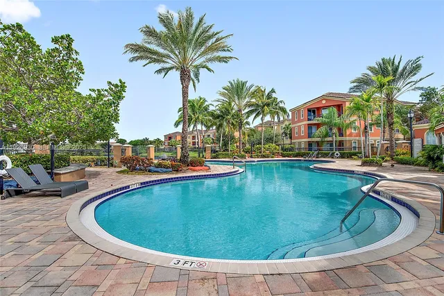 a view of swimming pool that has lawn chairs with plants and palm trees