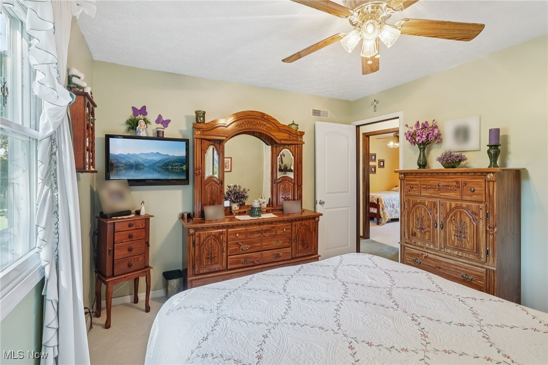 6130 Warren - Sharon Road Brookfield, OH 44403 - Photo 20 of 50 Primary Bedroom featuring light colored carpet and a ceiling fan with view to the hall