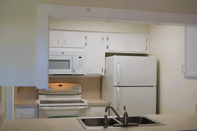 a kitchen with a refrigerator and a sink