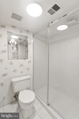 a bathroom with a toilet and a shower