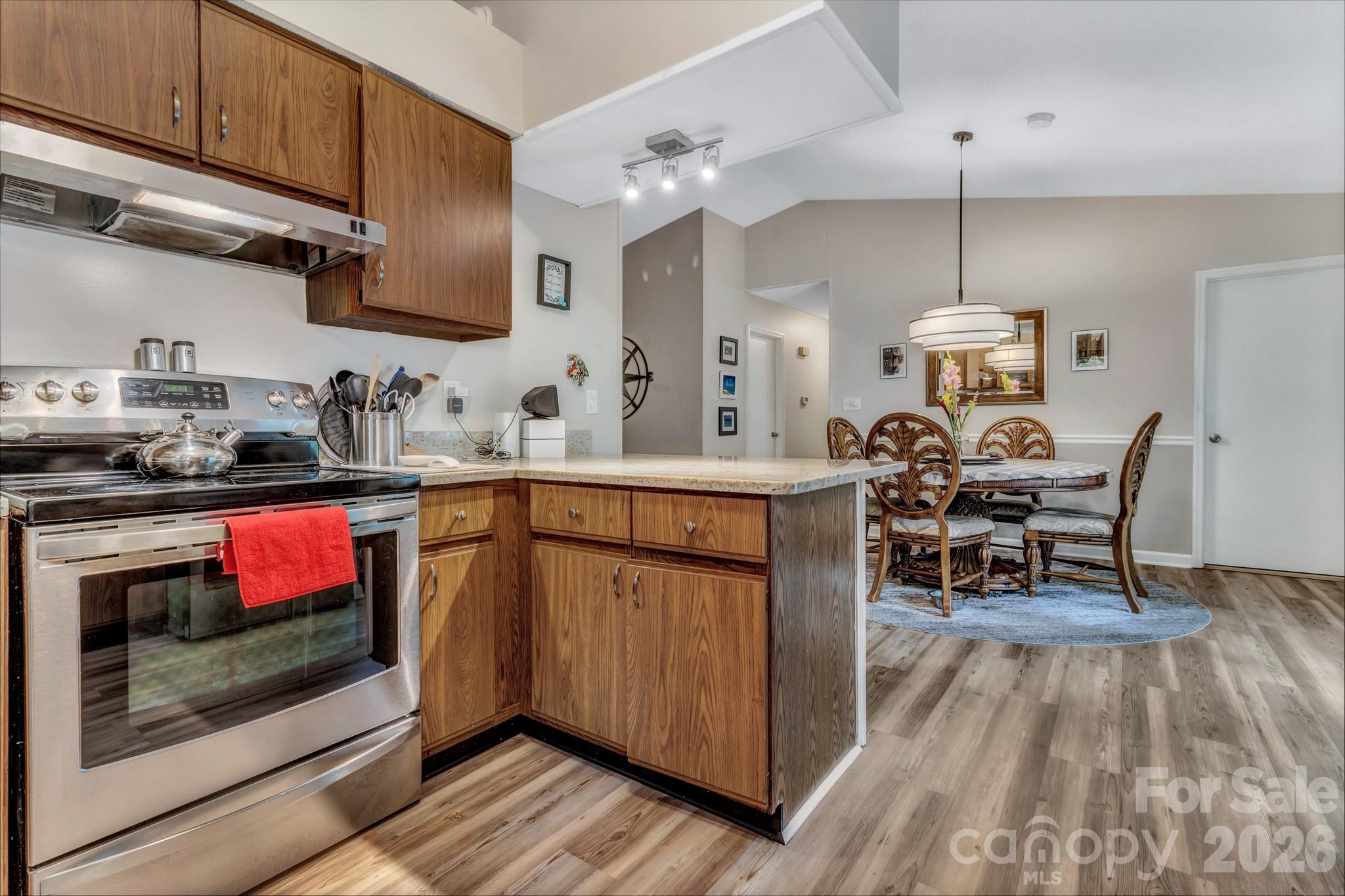 603 Rose Hill Road Asheville, NC 28803 - Photo 24 of 43 a kitchen with stainless steel appliances a stove a sink cabinets and a dining table