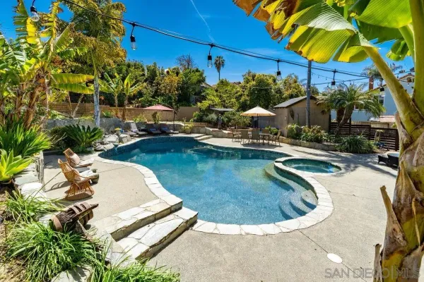 a view of a swimming pool with a patio
