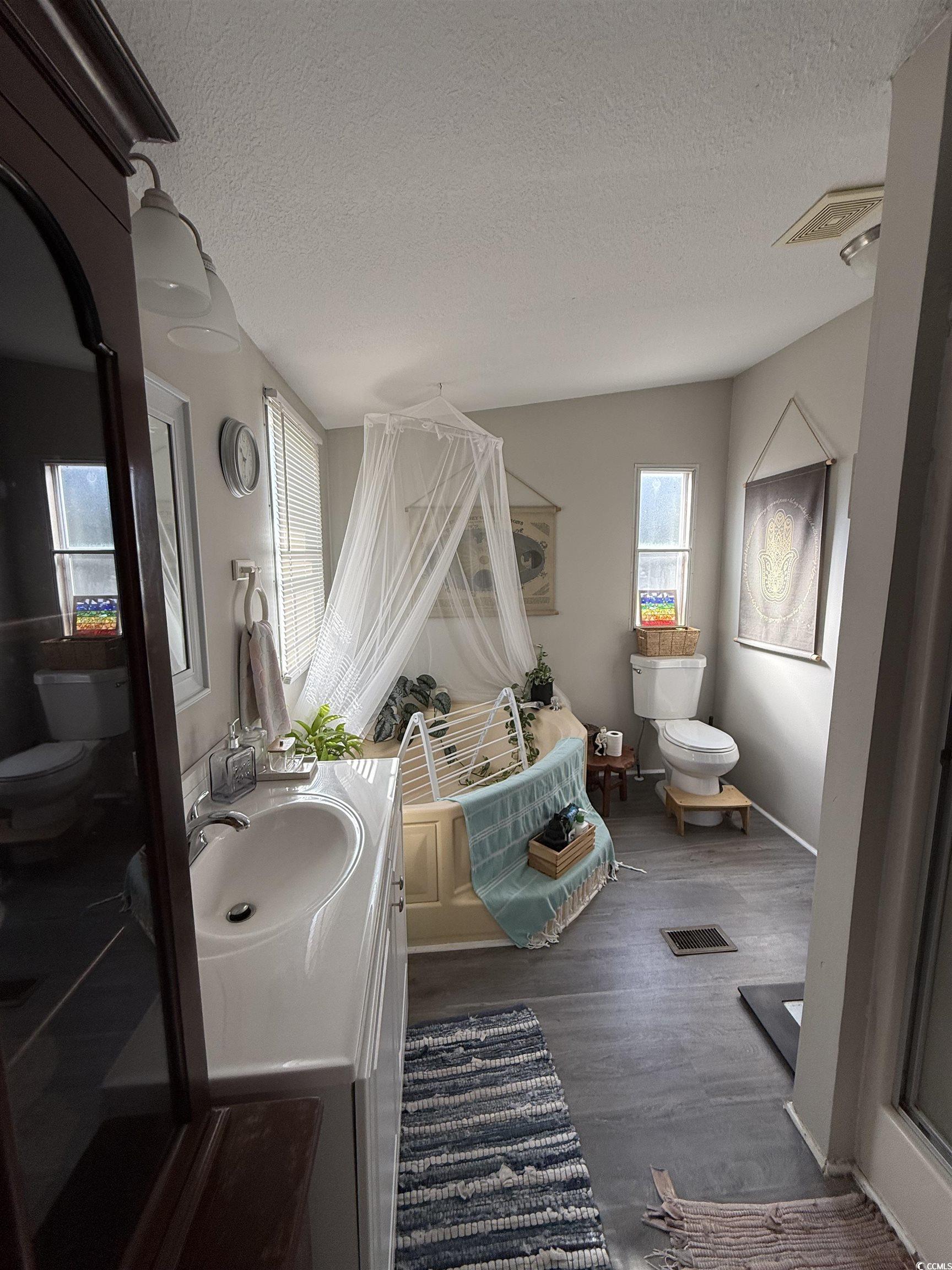 19 Gates Way Pawleys Island, SC 29585 - Photo 8 of 18 Full bath with vanity, a textured ceiling, plenty of natural light, dark wood-style floors, and a tub