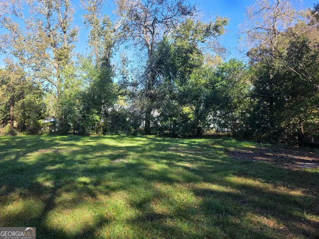 a view of a field of grass and trees