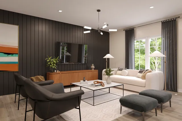 a living room with furniture a chandelier and a dining room