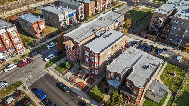 aerial view of a buildings and a street