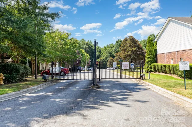a view of a park with large trees