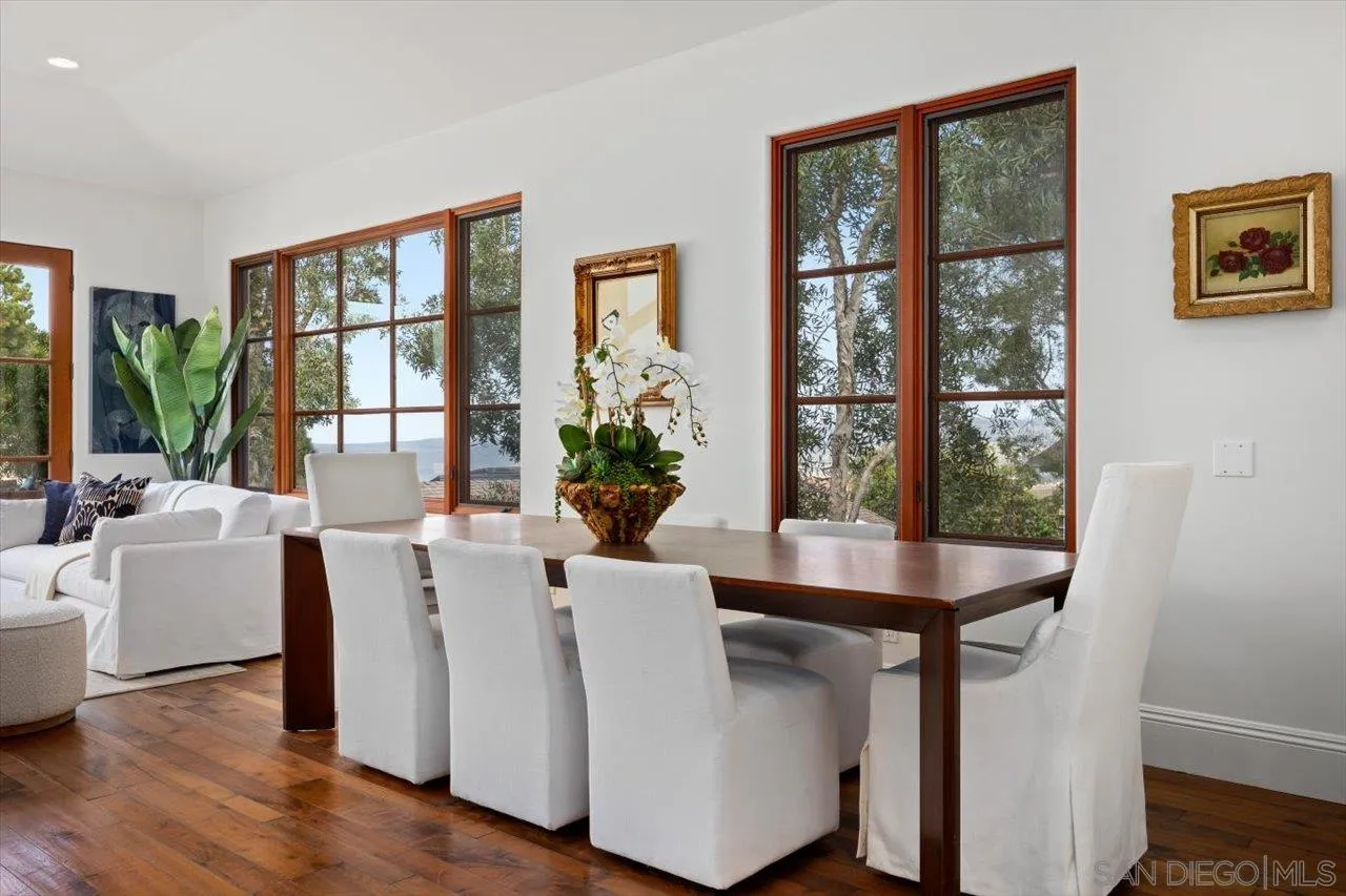 1646 Kearsarge Road La Jolla, CA 92037 - Photo 12 of 35 a dining room with wooden floor and large windows