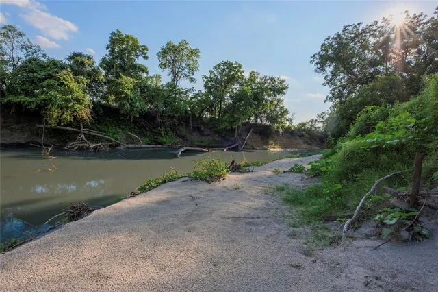 a view of a lake with a yard and large trees