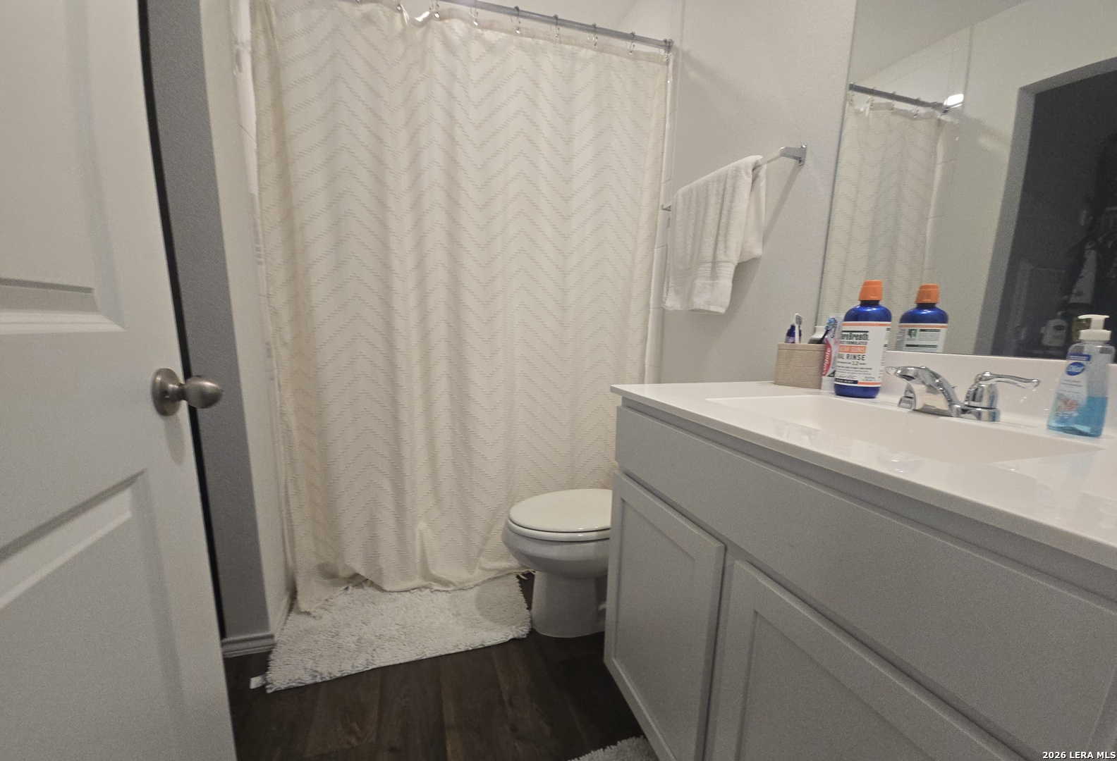 328 Celosia Loop Kyle, TX 78640 - Photo 14 of 29 a bathroom with a sink a toilet a mirror and shower curtain