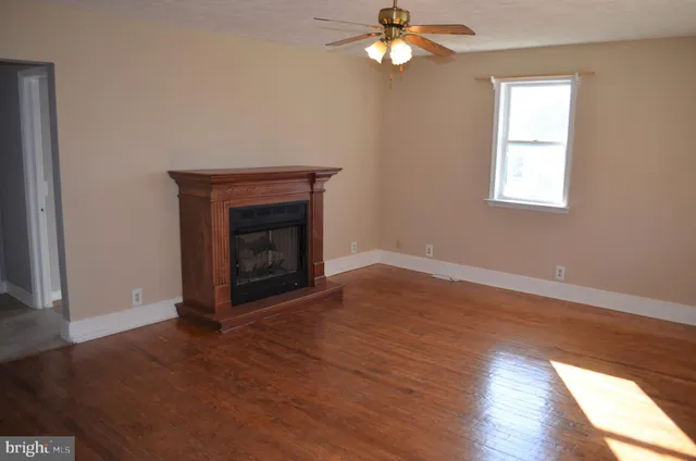 a view of empty room with wooden floor and fireplace