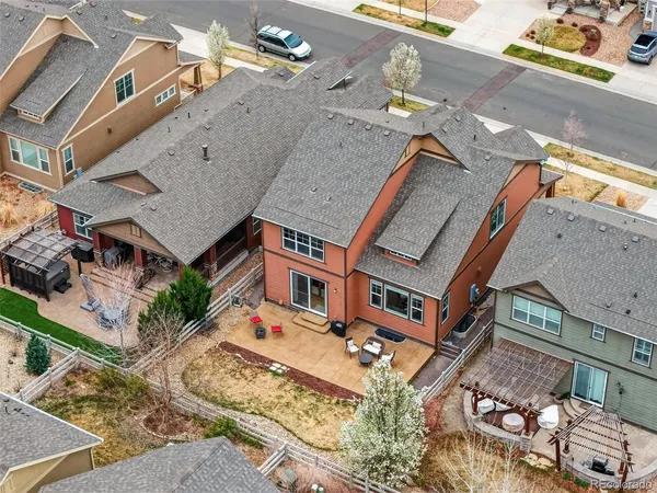 an aerial view of a building with outdoor space