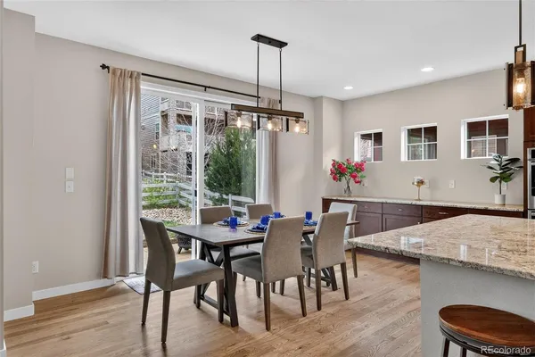 a view of a dining room with furniture window and wooden floor