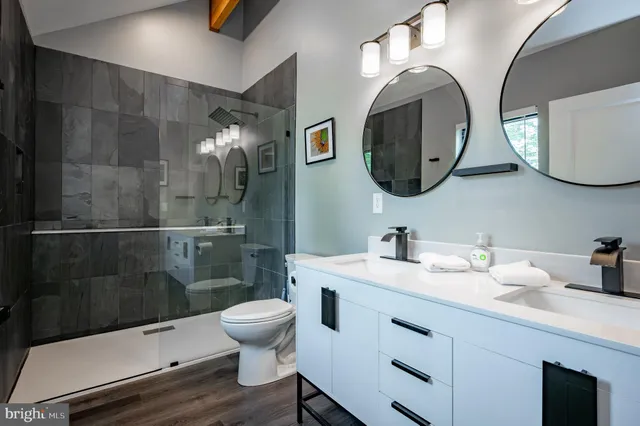 a bathroom with a sink a toilet and a mirror