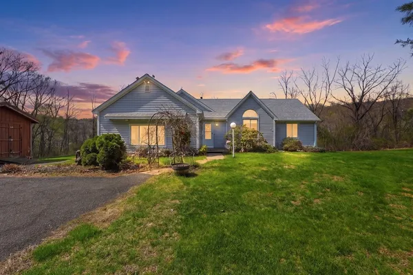 a front view of a house with yard and green space