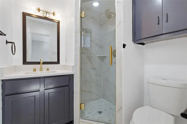 a bathroom with a shower sink vanity and mirror