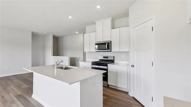 a kitchen with appliances a sink cabinets and wooden floor