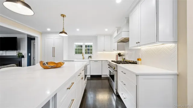 a kitchen with a sink a stove and cabinets