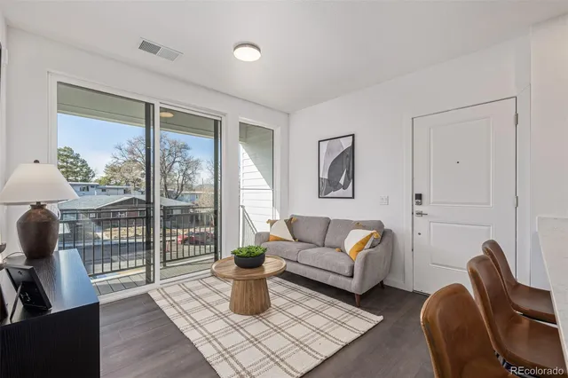 a living room with furniture a rug potted plant and a large window