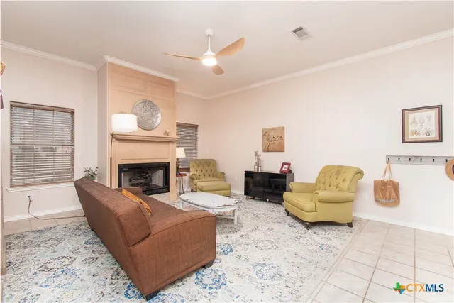 a living room with furniture and a fireplace