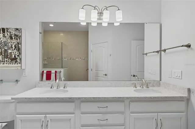 a bathroom with a granite countertop sink a mirror and shower