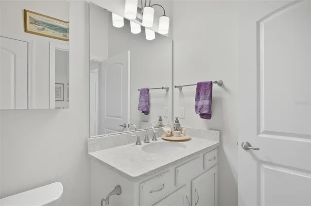 a bathroom with a sink vanity and a mirror