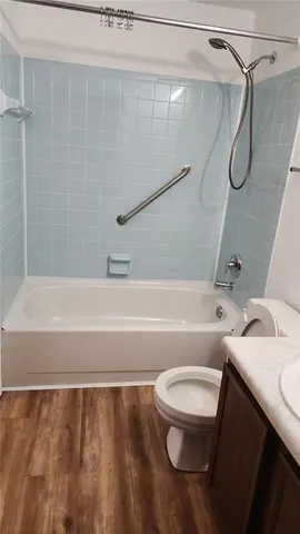 a bathroom with a toilet and a bathtub