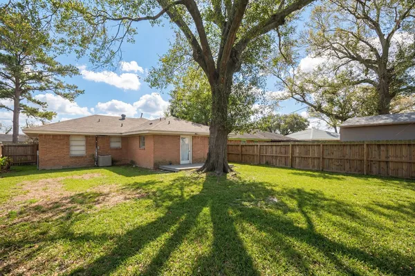 a view of a backyard with a tree